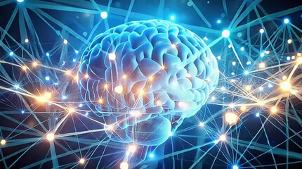 A glowing blue digital brain with intricate neural connections represents artificial intelligence, innovative thinking, data processing, and complex technological networks. - Powered by Adobe