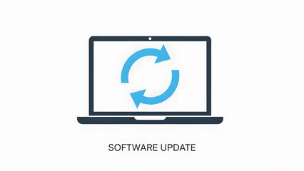 A laptop screen displays a software update icon with circular arrows