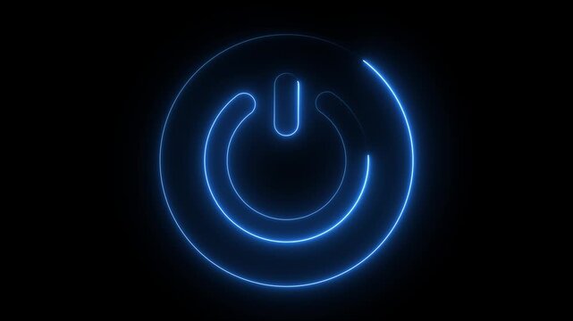 Animated glowing neon light power on and of icon. Glowing blue color power symbol. Social media, internet, mobile, web, technology concepts.Power button turning on and off on a dark background.
