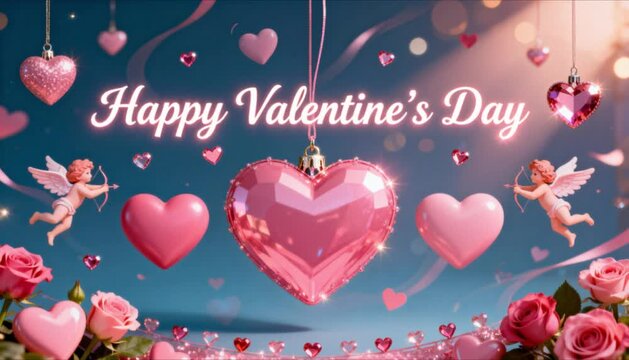 festive valentine banner animation with stylish happy valentine&rsquo;s day text and love ornaments in pink tones perfect for valentine's day