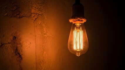 Soft, amber light from a vintage Edison bulb illuminating a rustic, dark wall, creating a warm and nostalgic atmosphere with its classic, glowing filament