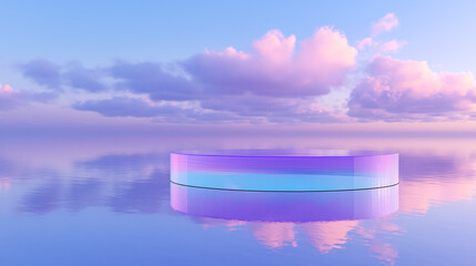 Surreal floating cylinder over reflective water, with pastel sky and clouds. Ideal for fantasy, product display, branding, or conceptual design with a tranquil, dreamlike atmosphere.