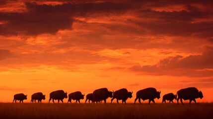 Fototapeta premium Herd of Bison Silhouetted Against a Fiery Sunset Sky.