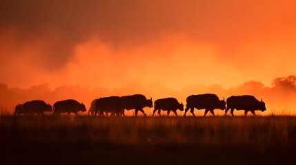 Fototapeta premium Herd of Bison Silhouetted Against a Fiery Sunset Sky.