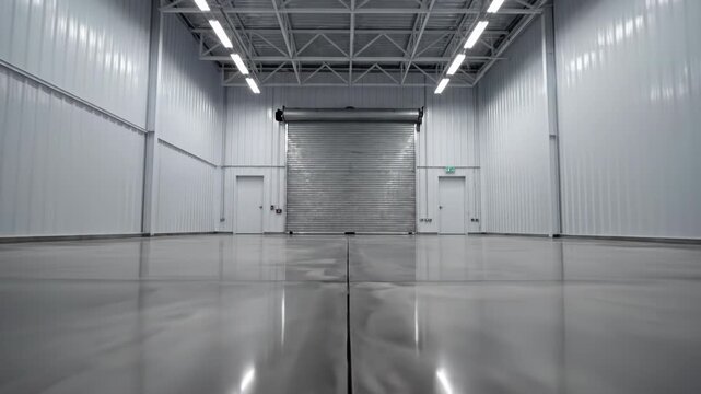 Large empty industrial warehouse with gray walls and a polished concrete floor