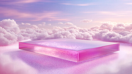 Surreal pink platform floating in dreamy clouds under a pastel sky. Glossy surface and sparkles create a magical, ethereal mood&mdash;ideal for fantasy design, branding, and visual storytelling.