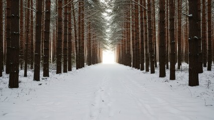 Snowy path through a dense pine forest leading to a bright light.