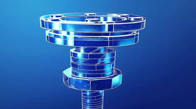 A glowing blue wireframe rendering of a complex mechanical bolt assembly stands against a deep blue background, illustrating advanced engineering and technological design.