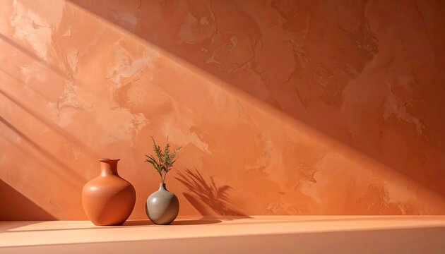 Minimalist interior scene with terracotta vases and subtle greenery, bathed in warm natural light and elegant shadows on a textured earthy wall