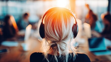 Individual wearing over-ear audio equipment concentrating while seated at a shared workspace environment