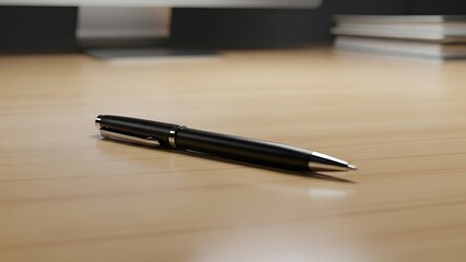 A sleek black ballpoint pen resting elegantly on a warm wooden desk, symbolizing focused work, professional tasks, and the essence of daily office productivity and thoughtful creation