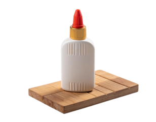 White glue bottle with red cap on wooden planks.