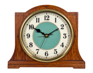 Antique Wooden Mantel Clock with Circular Face.