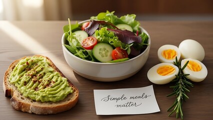 Fresh and healthy meal with avocado toast, salad, and boiled eggs, promoting mindful eating.