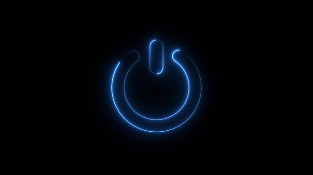 Animated glowing neon light power on and of icon. Glowing blue color power symbol. Social media, internet, mobile, web, technology concepts.Power button turning on and off on a dark background.