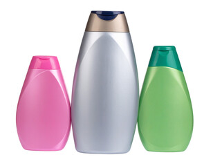 Three colorful cosmetic bottles arranged on a white background.