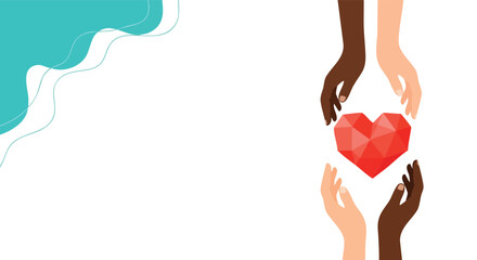 Diverse hands united in support of a radiant heart symbol against a clean backdrop, conveying unity and compassion