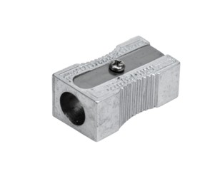 A simple metal pencil sharpener with a single hole for sharpening pencils.