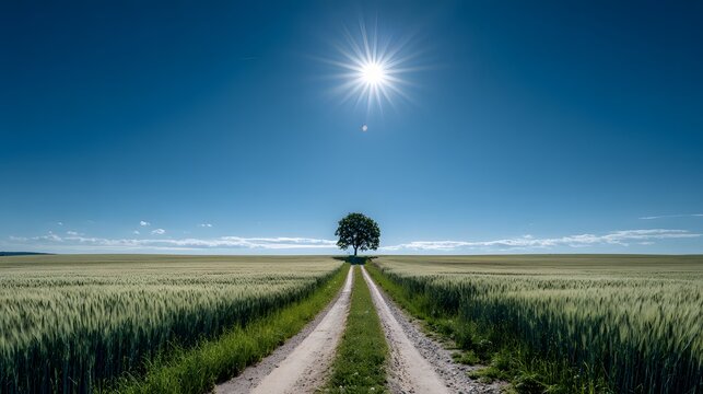 Lone Tree on a Dirt Road Under a Bright Sunny Sky. - Powered by Adobe