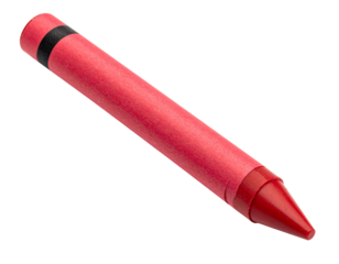 A single red crayon with a black band on a white background.