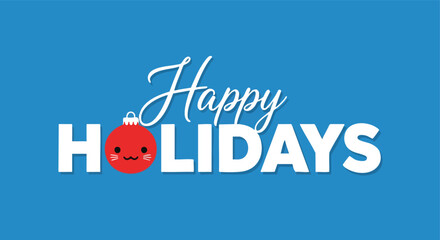 Cheerful holiday greeting featuring a kawaii christmas ornament alongside bold typography on a bright blue background celebrating festive cheer