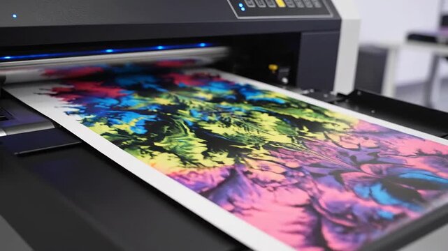 A vibrant print emerging from a modern printer, showcasing colorful design.