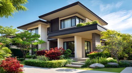 Fototapeta premium Luxurious Modern Two-Story House with Lush Landscaping.