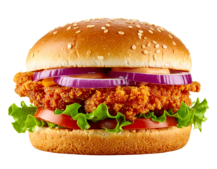 Delicious Crispy Fried Chicken Burger with Fresh Lettuce and Red Onion.