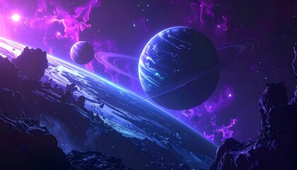 A digital art scape of planets with rings and purple nebula, asteroids, and stardust floating in space