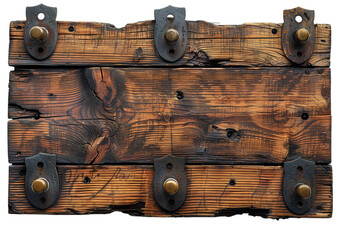 Cork and oak bulletin board with minimalist brass pins isolated on transparent background