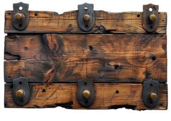 Cork and oak bulletin board with minimalist brass pins isolated on transparent background