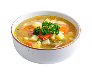 Hearty Vegetable Soup in a White Bowl.