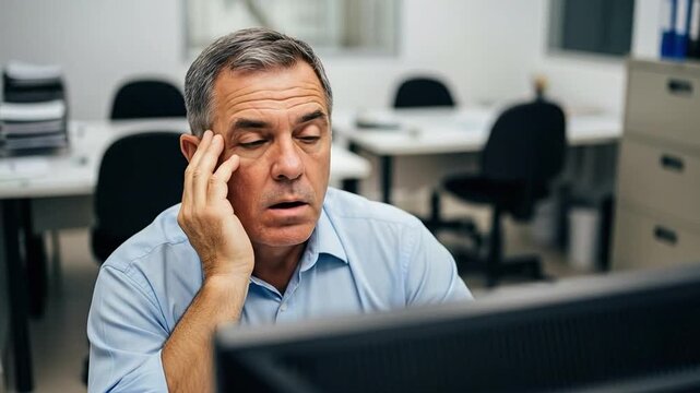 Tired Middle-Aged Man Working at Computer in Office Setting with a Bored Expression