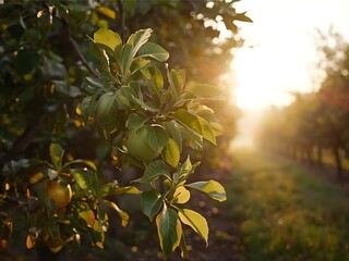 Sunlit Apple Orchard with Dew-Covered Leaves at Sunrise