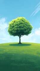Sunny Day with a Lush Tree on a Green Hillside in Digital Art