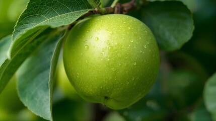 Fresh Green Apple on Tree with Water Droplets in Orchard