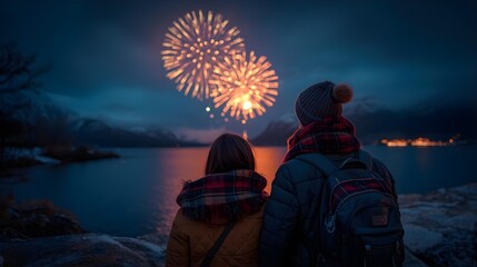 Romantic Winter Fireworks Spectacle Over Scenic Lake