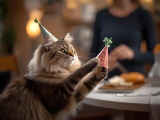 Adorable Fluffy Cat Wearing Party Hat at Celebration Table