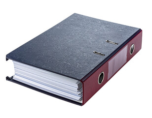 A black and red lever arch binder filled with white paper.