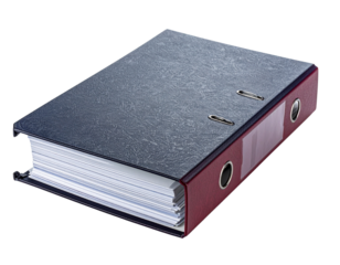 A black and red lever arch binder filled with white paper.