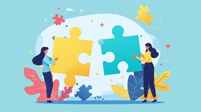 Two women joyfully connect oversized puzzle pieces, representing teamwork, unity, and problem-solving, set against a cheerful and modern illustrative background.