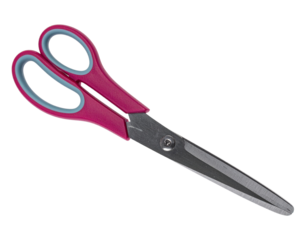Pair of pink handled scissors isolated on white background.