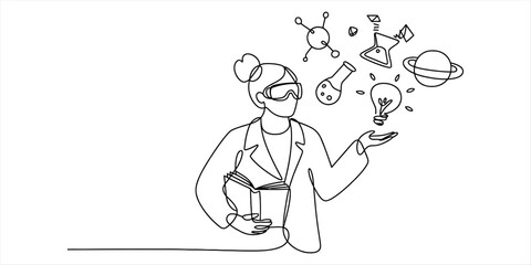 A continuous line drawing of a scientist holding a book and surrounded by science symbols Vector, illustration