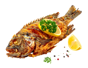 Whole Fried Fish Garnished with Lemon and Parsley.