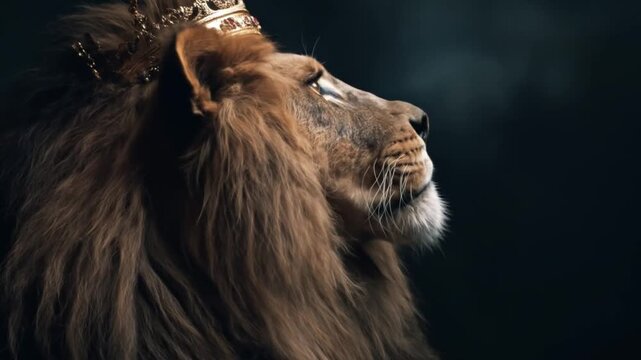 Regal lion in profile with crown, flowing mane, noble gaze against a dark, moody backdrop, majestic