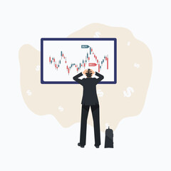 Vector illustration of a stock trader analyzing financial charts on a large monitor with buy and sell signals, representing trading, investment, and market analysis