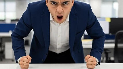 Frustrated Young Man in Business Suit at Office Desk Expressing Anger and Stress