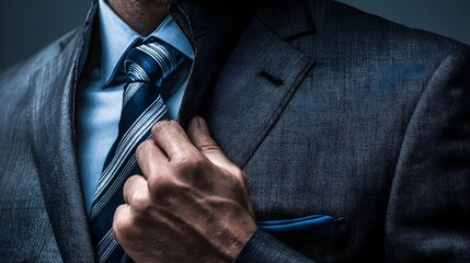 Man in a Sharp Suit Adjusting His Tie with Confidence.
