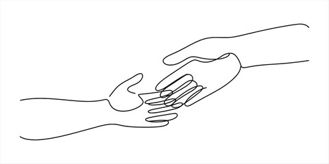 A continuous line drawing illustrating two hands reaching out in a gesture of help and support Vector, illustration