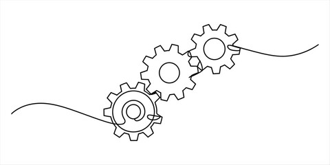 Continuous line drawing of three interlocking gears symbolizing a mechanical process Vector, illustration